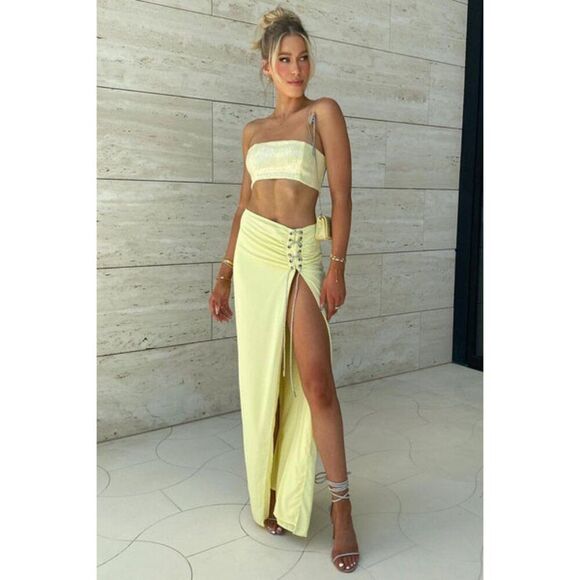 NWT Runaway The Label lemon butter pale yellow rhinestone lace up Draped skirt - Picture 1 of 6